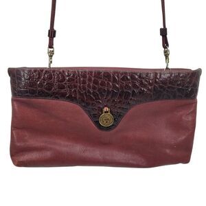 Vtg Oxblood‎ Burgundy Wine Leather Embossed Croc Convertible Clutch Shoulder Bag
